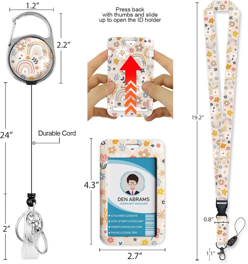 Piefly Lanyards for Id Badges, Boho Flowers Rainbows Badge Holder with Retractable Reel Belt Clip, Cute Work Name Tag Lanyard Vertical ID Card Protector Case for Women Nurse Doctor Teacher Student - Image 5